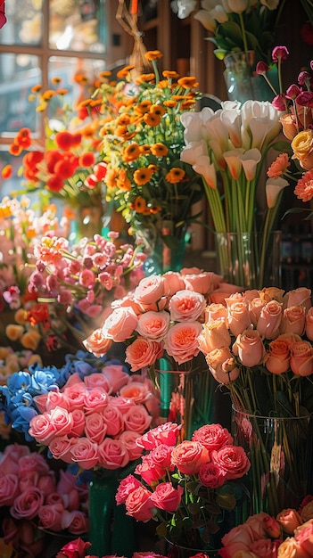 Vreemde bloemenwinkel vol kleurrijke arrangementen te koop