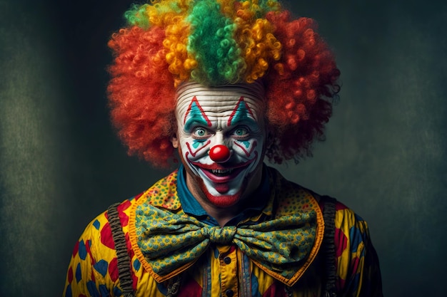 Vreemde gekke clown in helder krullende pruik met strik op donkere achtergrond