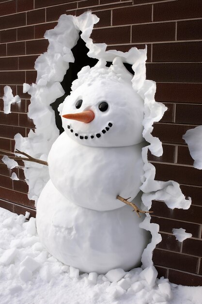 Foto vreemde glimlachende sneeuwman in 3d-stijl breekt door een bruine bakstenen muur
