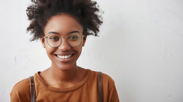 Vreemde jonge Afro-Amerikaanse vrouw met krullend haar en een tande glimlach met een stijlvolle ronde bril en casual outfit.