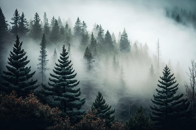 Vreemde mist omhult een bos van groenblijvende bomen Massieve pijnbomen Het land van Frankrijk Europa
