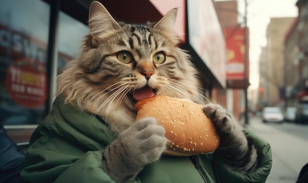 Vreemde scène van een kat in een groene jas die heerlijk knabbelt aan een sappige hamburger gecreëerd met generatieve AI-tools