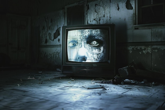 Vreemde televisie uitzending in een verlaten kamer.