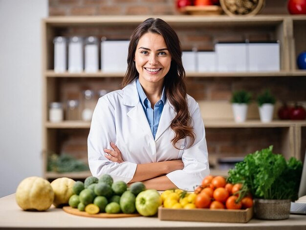 Foto vreemde voedingsdeskundige met fruit en groenten die gezond eten bevorderen