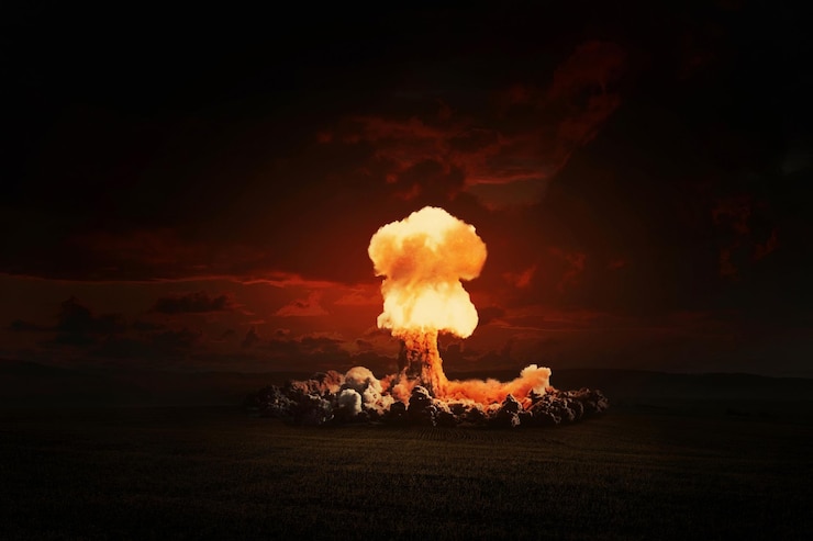 Foto vreselijke heldere nucleaire explosie in het avondveld wereldoorlog 3 apocalyps creatief idee concept van nucleaire catastrofe hbomb gevaar straling en explosie nucleaire paddestoel