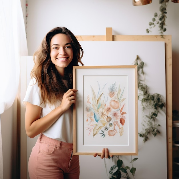 Vreugde vastleggen Een op Boho geïnspireerde kinderkamer met een vrolijke vrouw die een hyperrealistische muurkunstlijst vasthoudt