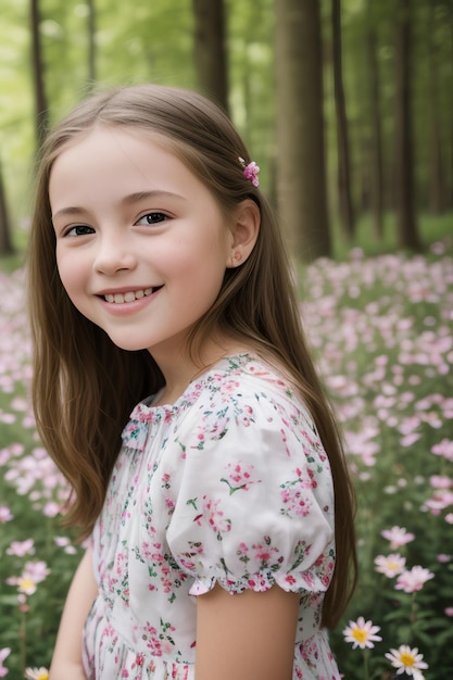 Vreugde vastleggen Een prachtig portret van een lachend meisje te midden van een bloeiend bloemenbos