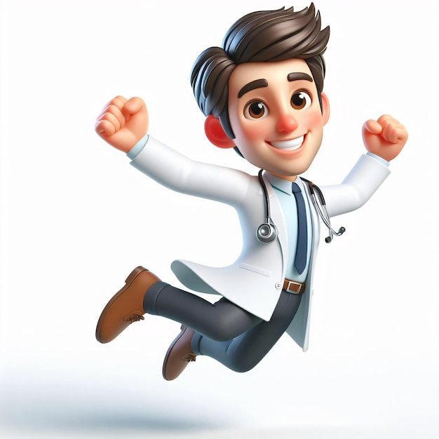 Vreugdevol 3D cartoon stijl dokter personage springt vreugdevol geanimeerd ontwerp heldere kleuren