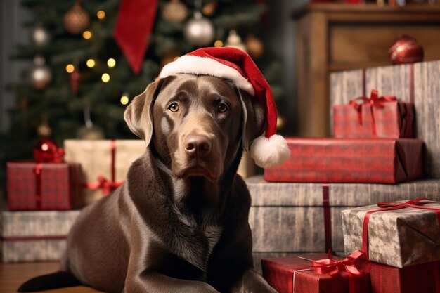 Vreugdevol bruine Labrador tegen de achtergrond van Kerstmis Generatieve AI