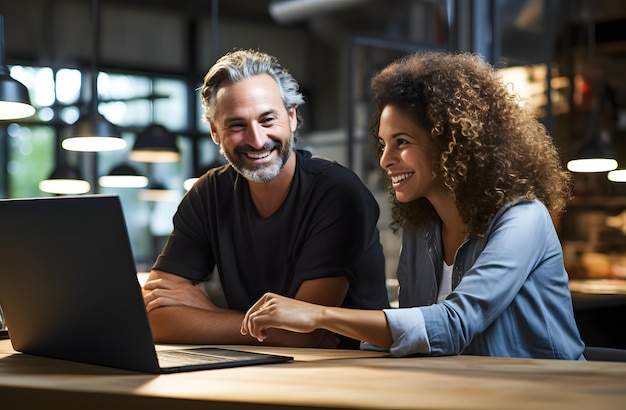 Vreugdevol echtpaar met een laptop's nachts in een koffieshop