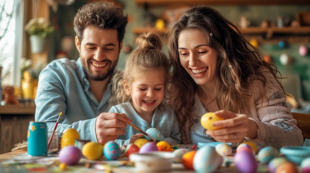 vreugdevol familie schilderen paaseieren thuis kind en ouders bereiden zich voor op Pasen