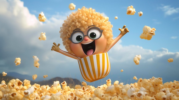 Vreugdevol geanimeerd personage springt met popcorn explosie op een warme achtergrond