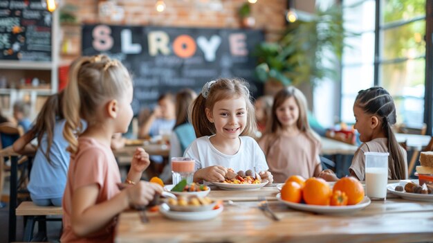 Foto vreugdevol gelukkig schattig grappig studenten kinderen eten in de school cafeteria eetkamer kantine jeugd jongen