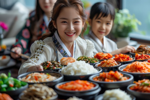 Vreugdevol gezin geniet van een traditionele Koreaanse maaltijd met kimchi rijst en verschillende bijgerechten