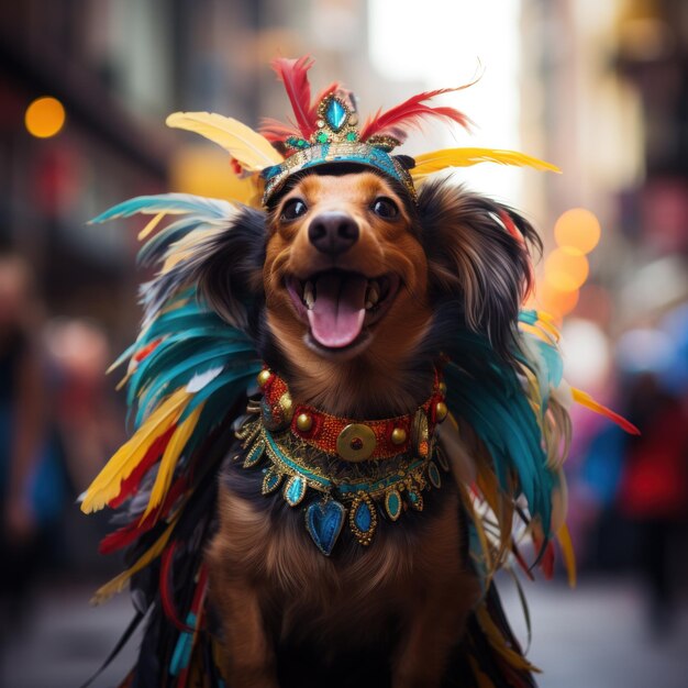 Foto vreugdevol glimlachende raszuivere hond met veren accessoires die het traditionele plaatselijke carnavalsfeest bijwoont