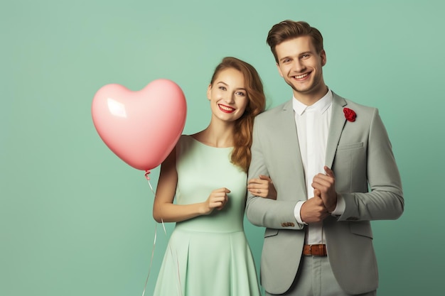 Vreugdevol jong echtpaar staat geïsoleerd op een roze achtergrond met een stel luchtballonnen die vieren