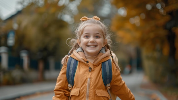 Vreugdevol kind dat met een rugzak naar school rent met de energie van een nieuwe dag AI Generative