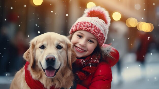 Foto vreugdevol kind met golden retriever hond die plezier heeft buiten tijdens de kerstvakantie