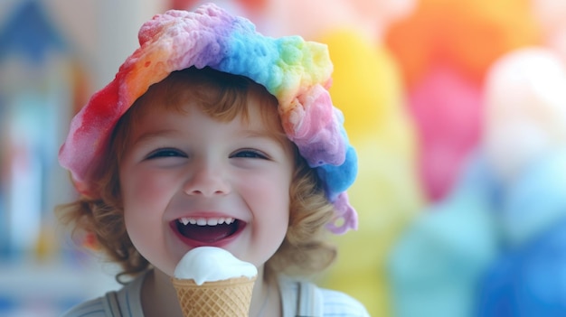 Vreugdevol klein meisje geniet van een levendige regenboog ijsje op een zonnige dag