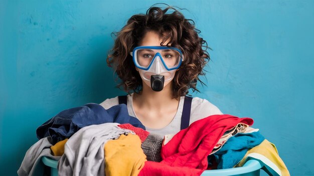 Vreugdevol krullend haar jonge drukke vrouw draagt snorkelmasker voor duiken heeft veel was te maken