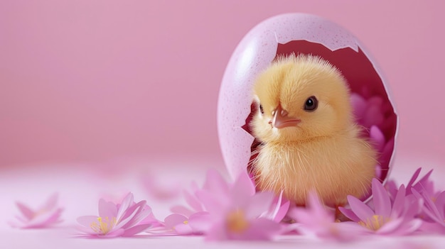 Vreugdevol kuikentje uit een eischelp op een zachte roze achtergrond