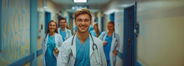Vreugdevol medisch team in de gang van het ziekenhuis professioneel portret van artsen