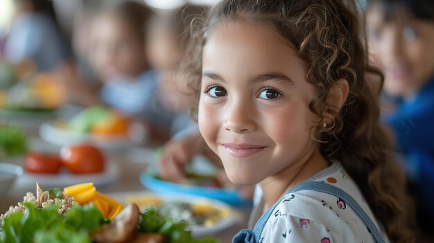 Foto vreugdevol meisje geniet van de maaltijd in de schoolcafeteria