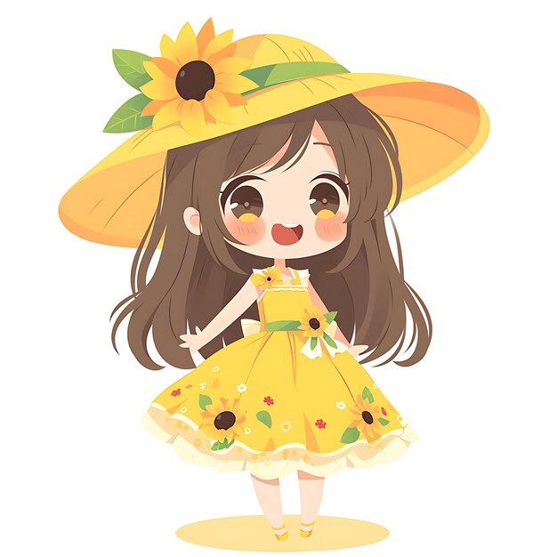 Vreugdevol meisje in gele sundress met zonnebloem versieringen sticker geïsoleerd schattige Kawaii Anime Art