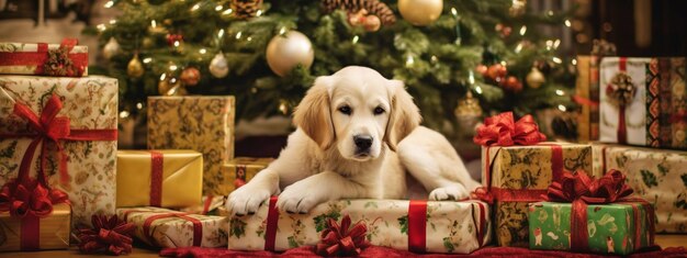 Vreugdevol puppy labrador zit tegen kerst achtergrond Banner Generative AI