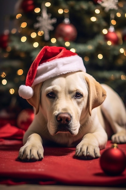 Vreugdevol puppy labrador zit tegen kerst achtergrond Banner Generative AI