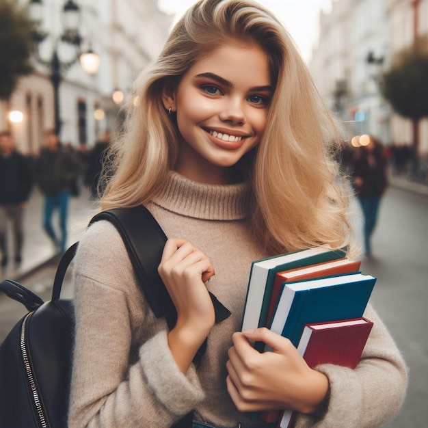 Vreugdevol, schattig meisje met boeken.