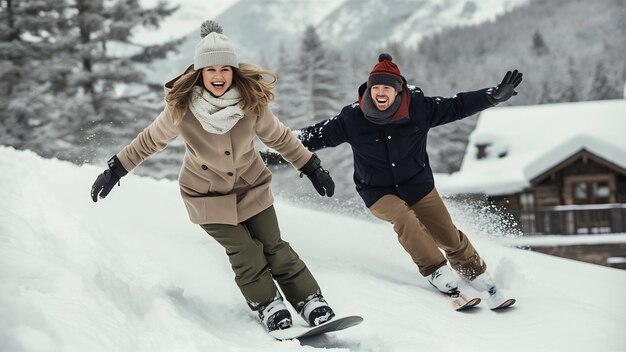 Vreugdevol stel dat in de sneeuw speelt.