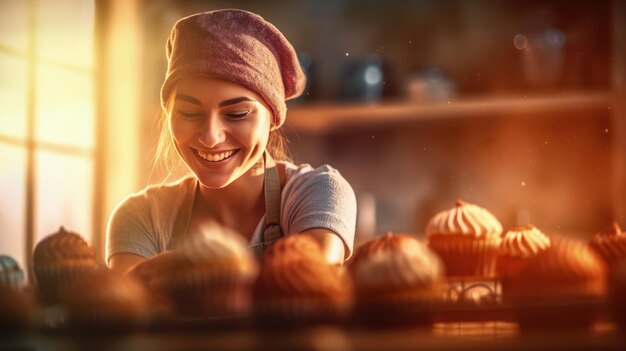 Vreugdevol vrouwelijk bakerportret met trots haar heerlijke cakes op de achtergrond van het zonlicht