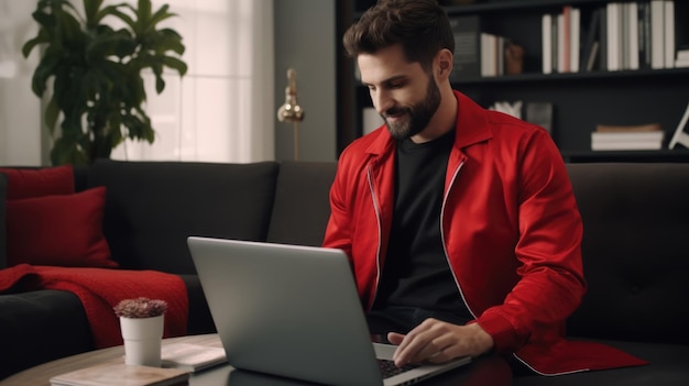 Vreugdevolle aantrekkelijke zakenman met baard in rode kleren die op een laptop schrijft