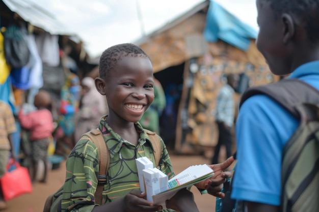 Vreugdevolle Afrikaanse schooljongen met een stralende glimlach die boeken buiten vasthoudt