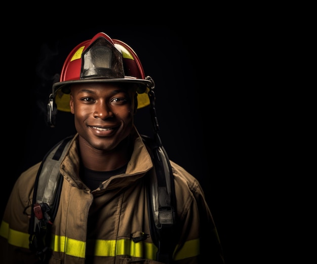Vreugdevolle Afro-Amerikaanse brandweerman met Copy Space Generative AI
