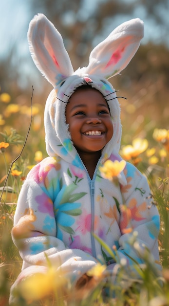 Vreugdevolle Afro-Amerikaanse jongen in paaskonijn kostuum lachen in de lente weide