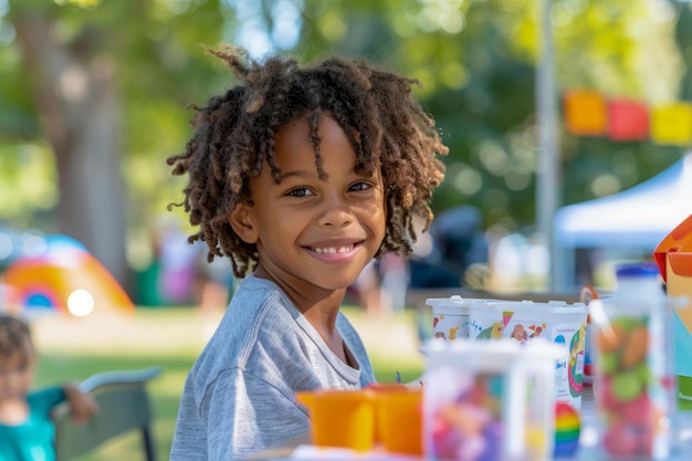 Vreugdevolle Afro-Amerikaanse kind glimlacht bij kunststand in park tijdens zomerevenement