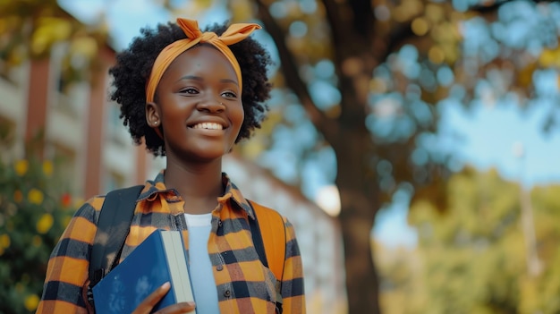 Foto vreugdevolle afro-amerikaanse tiener loopt op de universiteitscampus