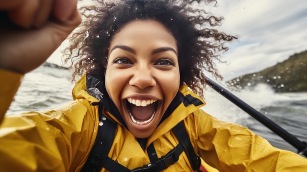 Vreugdevolle Afro-Amerikaanse vrouw maakt selfie rafting op een brede rustige rivier close-up