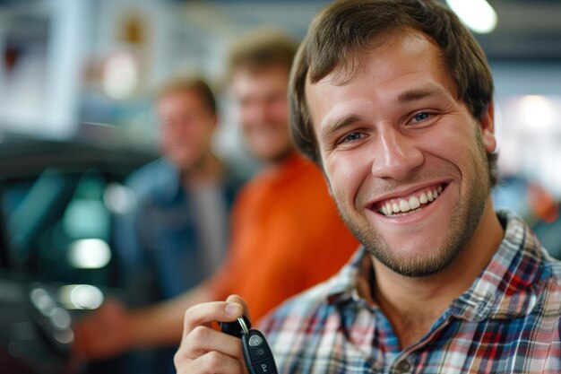 Foto vreugdevolle autokoper poseert met sleutels in de dealership delight