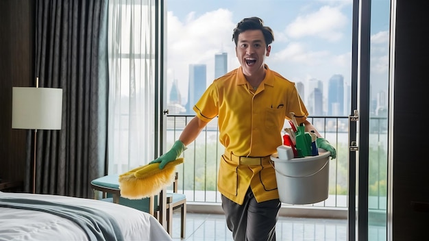 Vreugdevolle Aziatische mannelijke conciërge loopt de hotelkamer binnen met spullen in een emmer.