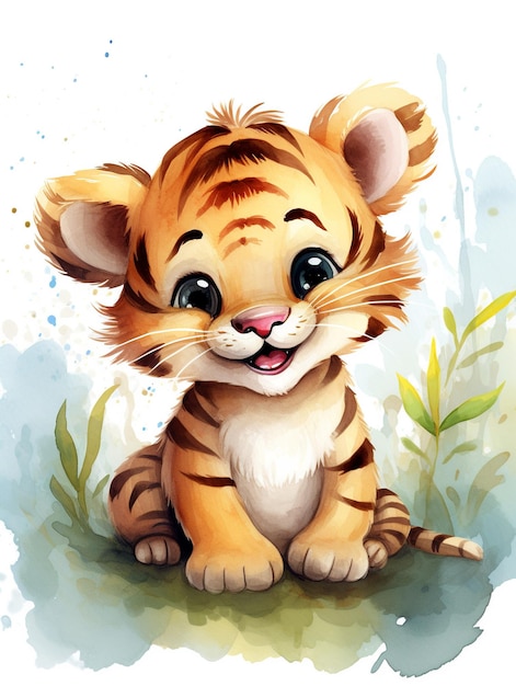 Vreugdevolle Baby Tiger Nursery Waterverf Kunst