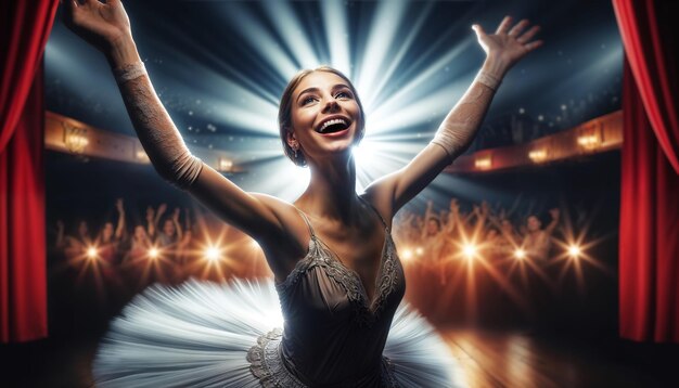 Foto vreugdevolle ballerina die op het podium optreedt en vreugde uitstraalt tijdens een adembenemende voorstelling.