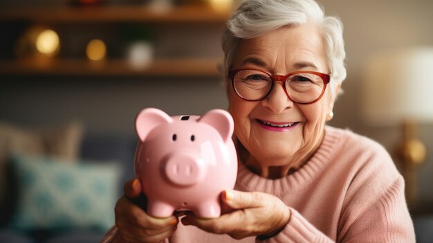 Vreugdevolle bejaarde vrouw met een roze spaarvarken die financiële zekerheid en het belang van sparen, vooral voor het pensioen, symboliseert