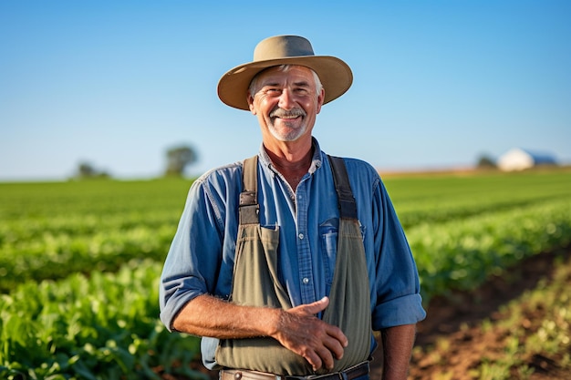 Vreugdevolle boer met schop in een zonnig, levendig groen veld