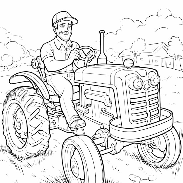 Foto vreugdevolle boeren rijden cartoon kleurpagina met tractor glimlachende boer
