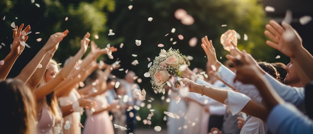 Vreugdevolle bruiloftsscene met bruid en bruidegom confetti regen AI generatief