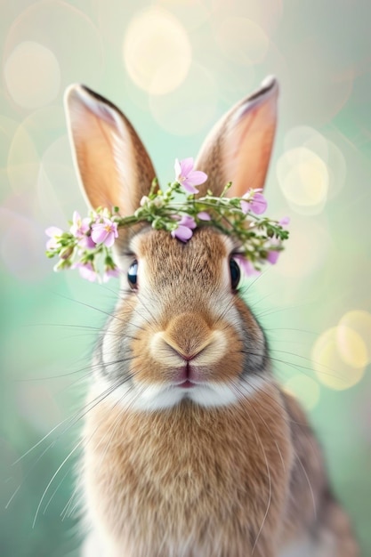 Vreugdevolle bruine konijn met weide bloemen kroon op Bokeh achtergrond Een grillig portret van schattigheid fo