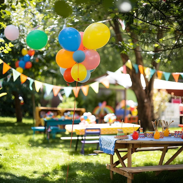 Foto vreugdevolle buitenfeestjes voor kinderen kleurrijke decoraties ballonnen en speelse activiteiten onder de zonnige hemel
